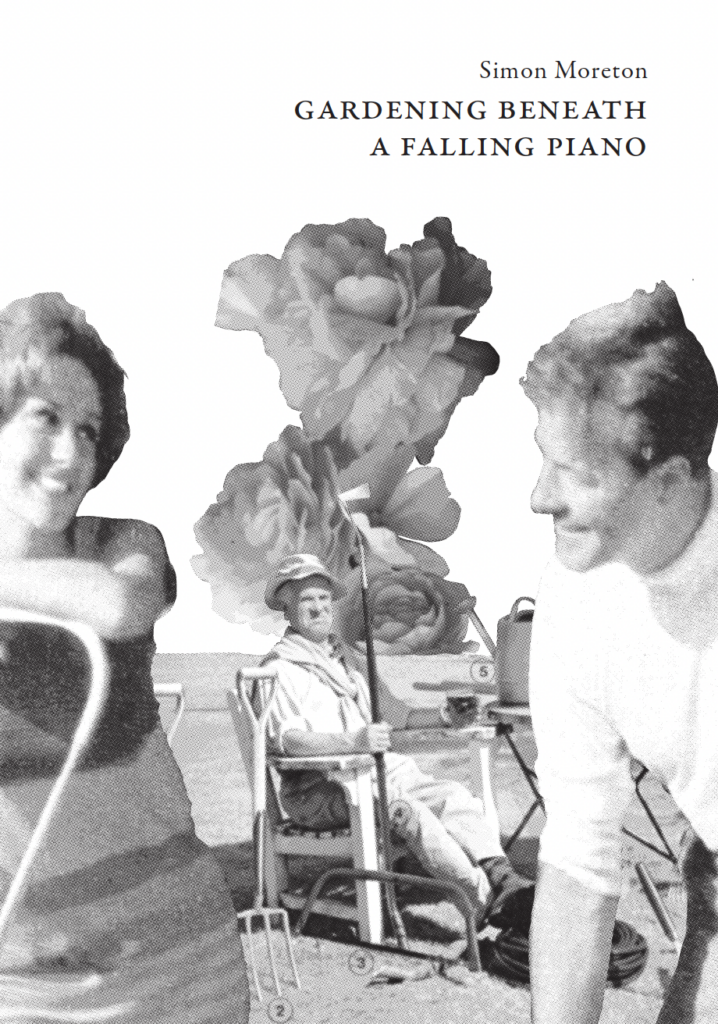 Cover image for Gardening Beneath a Falling Piano. It is a black and white collage of a man and a woman looking at each other flirtatiously, while behind them sits a grumpy gardening holding a hoe. Behind him rose petals bloom, mimicking smoke.